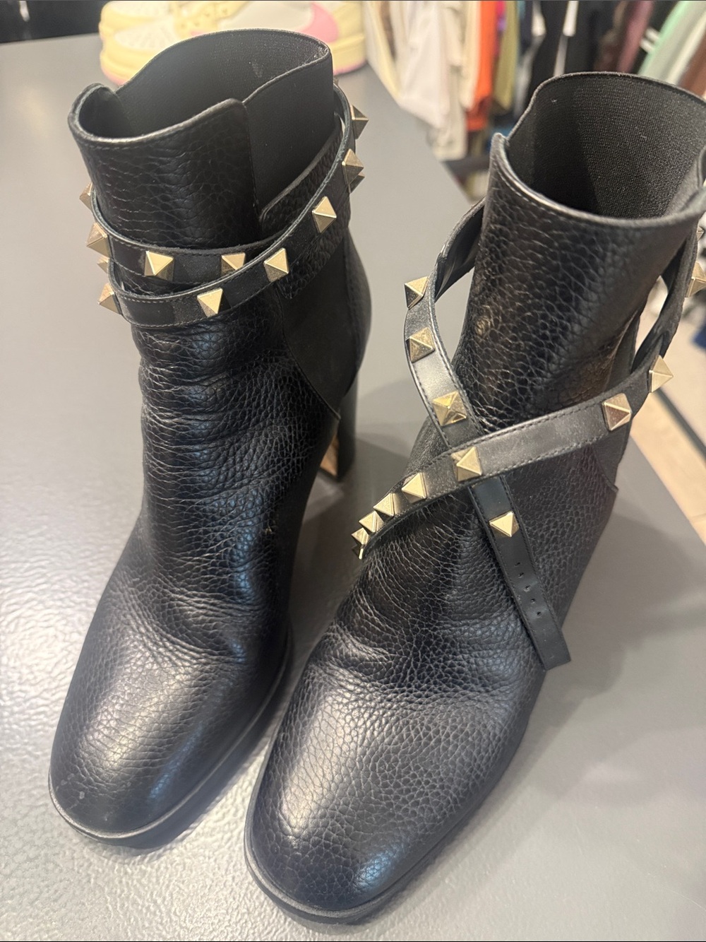 Valentino Black Leather Studded Ankle Boots with Gold Accents